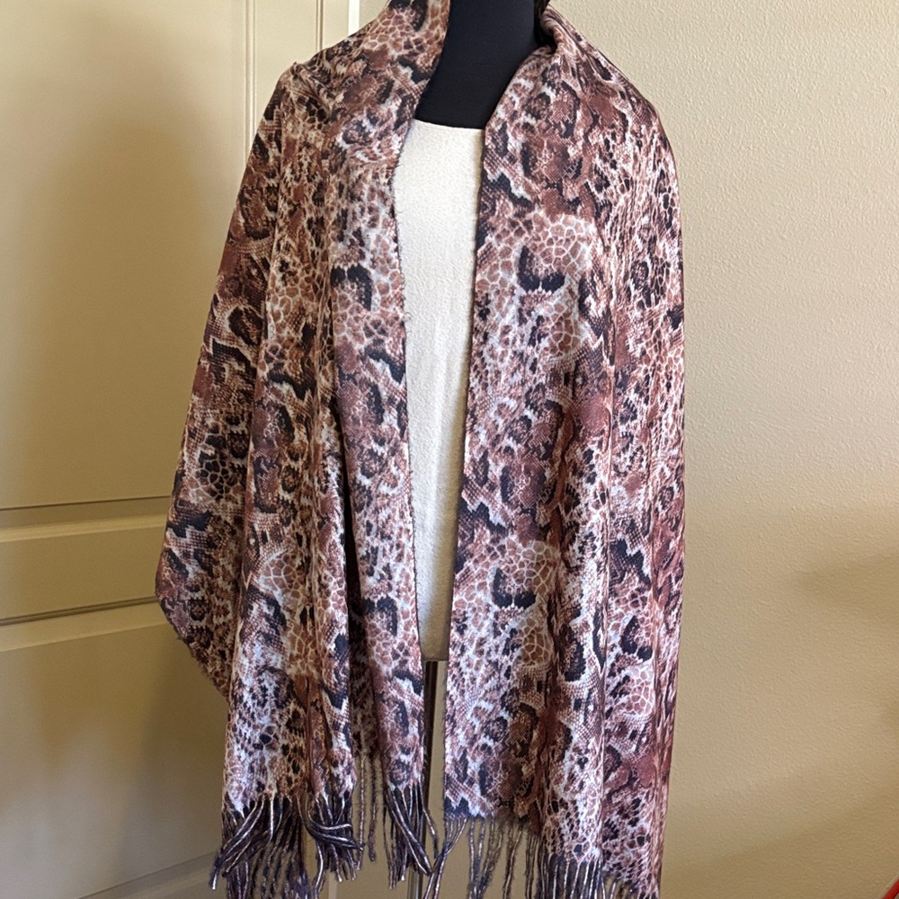 Two Sided Animal Print Fringe Wrap Scarf